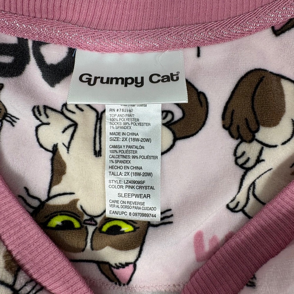 Grumpy Cat Womens 2X Pink Fleece Pajama Set Nope Meme Lounge Sleepwear - Picture 2 of 9